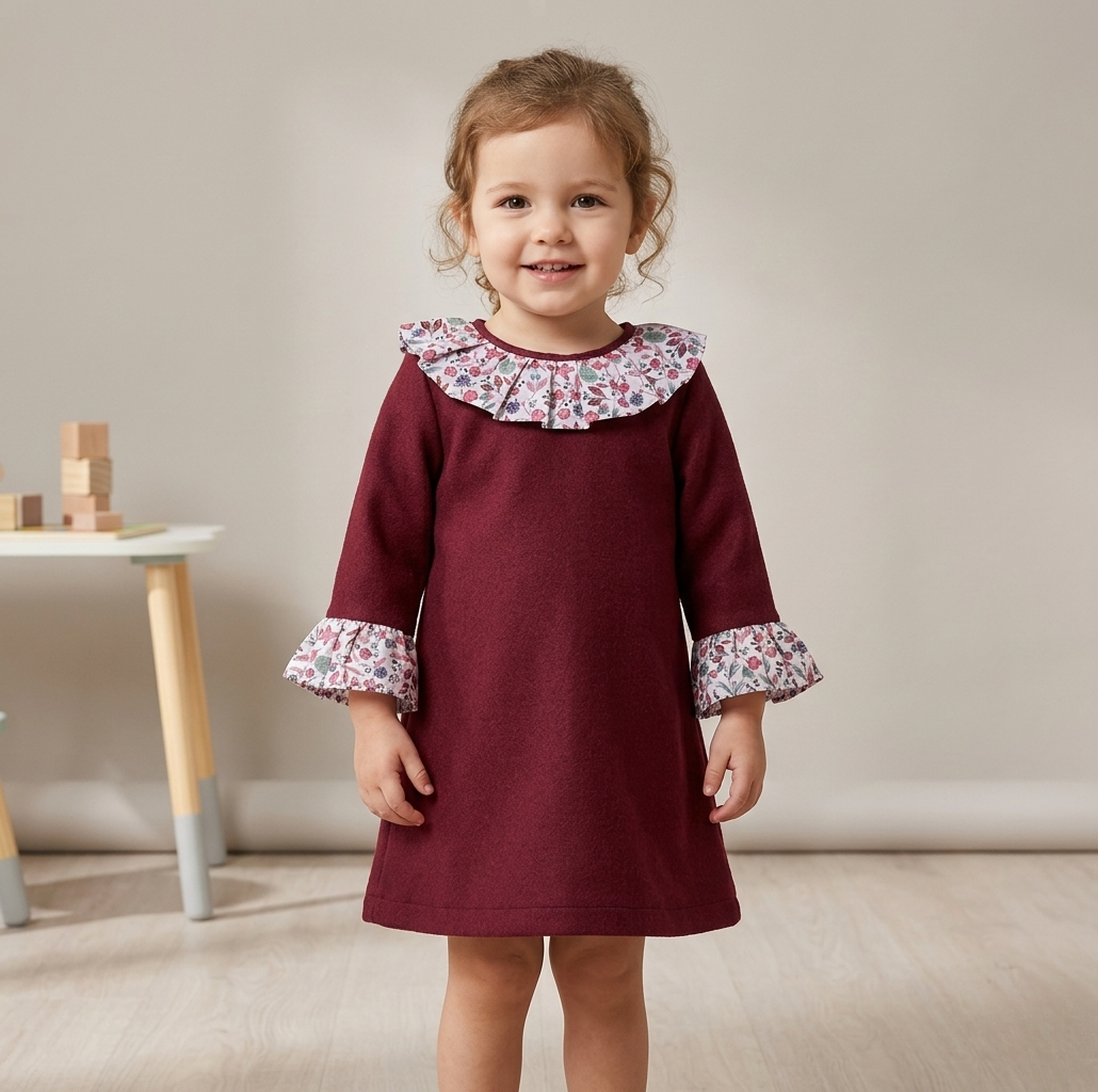 Vestido guinda con cuello a flores