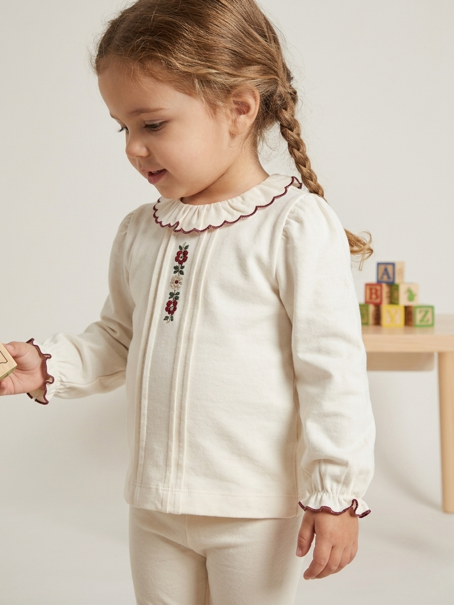 Blusa blanca con cuello y flores bordadas