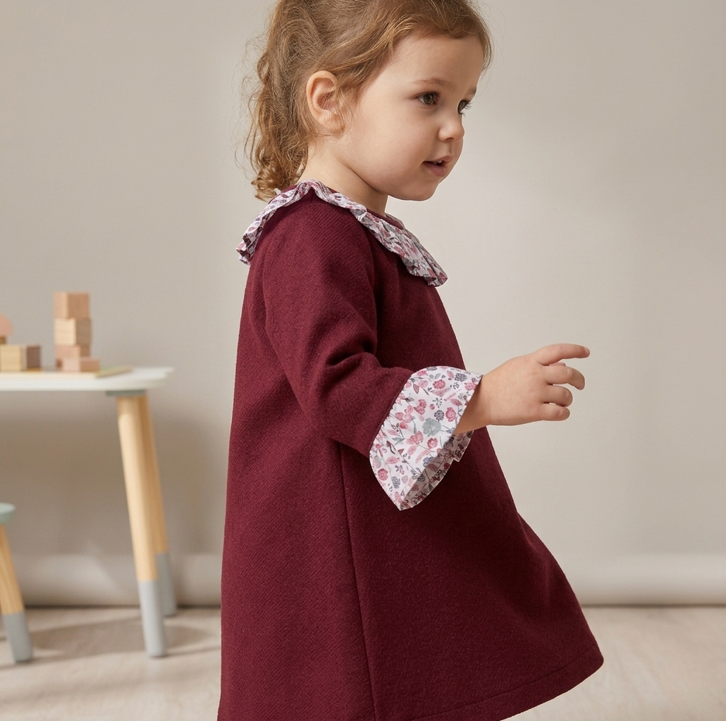 Vestido guinda con cuello a flores
