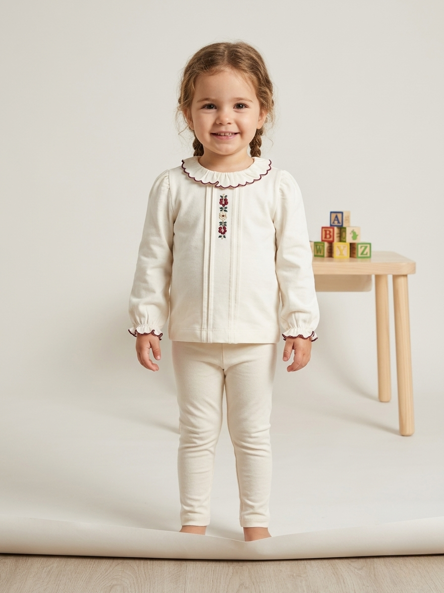 Blusa blanca con cuello y flores bordadas