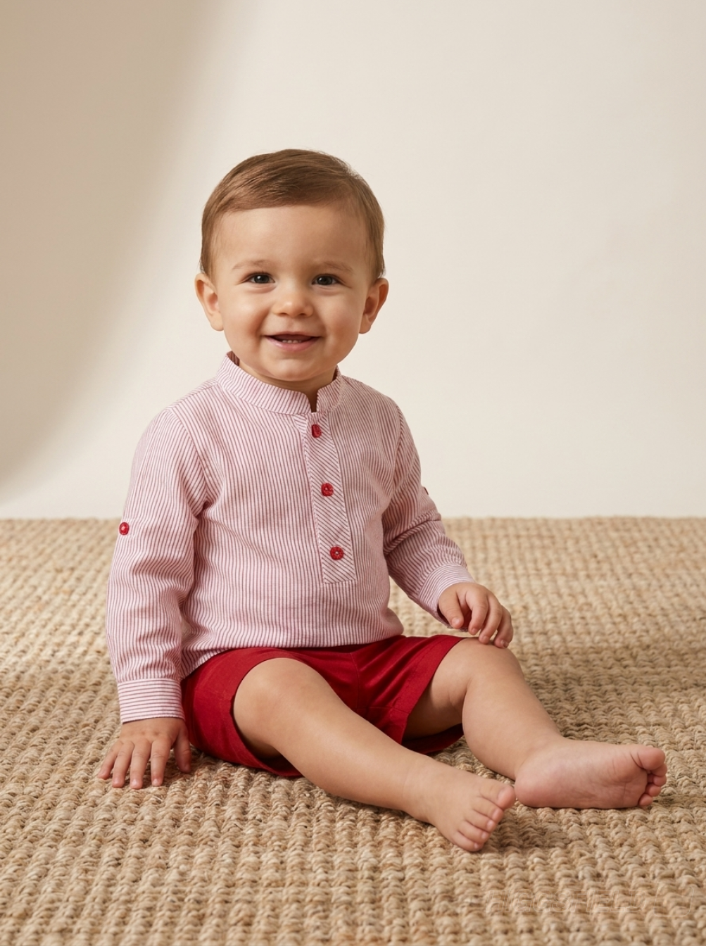 Conjunto camisa rayas y short rojo