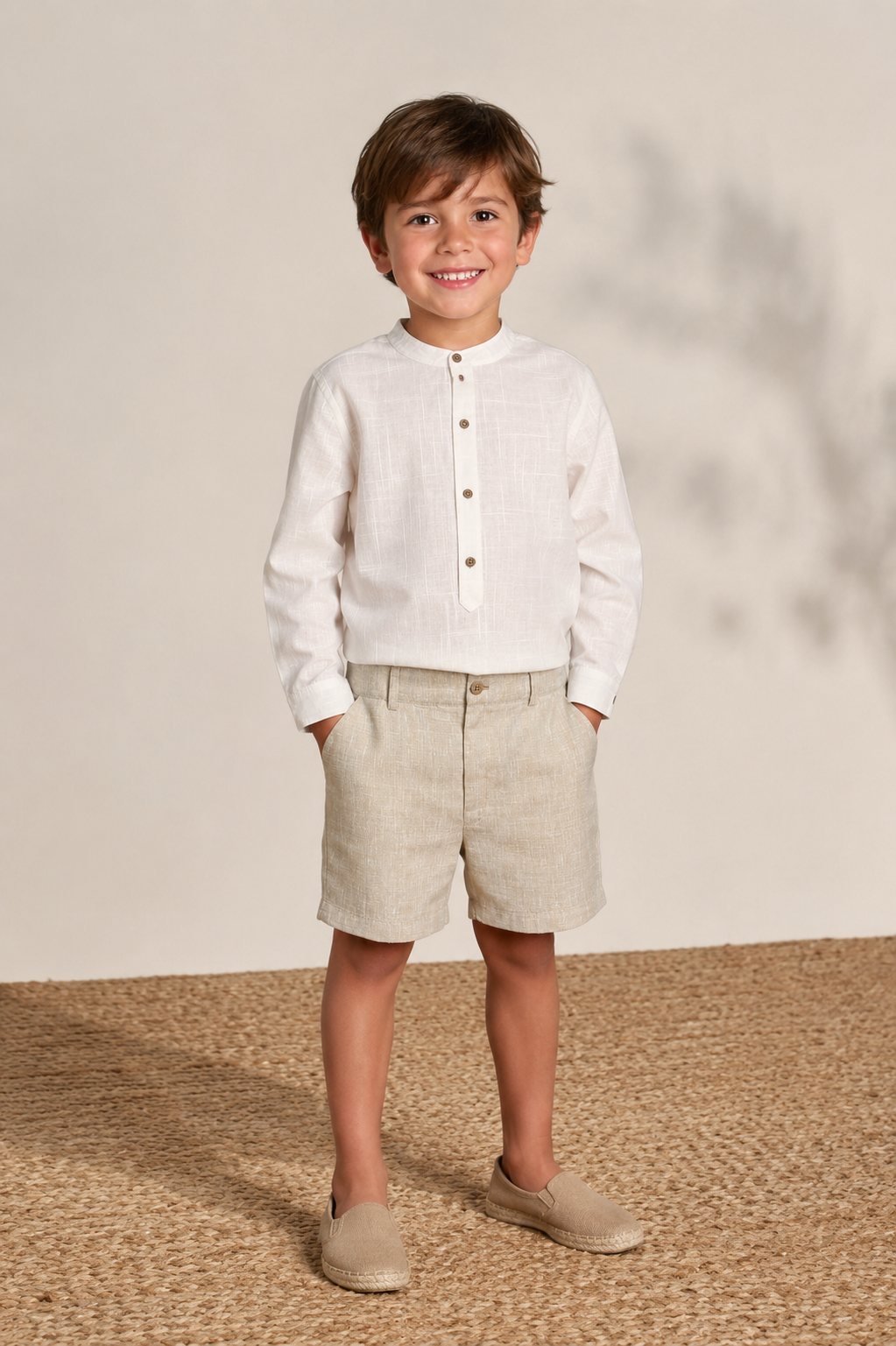 Conjunto camisa blanca manga larga y short beige