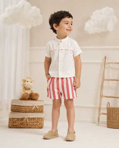 Conjunto Lino Bermuda Rayas Rojas