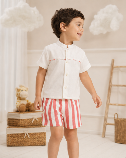 Conjunto Lino Bermuda Rayas Rojas