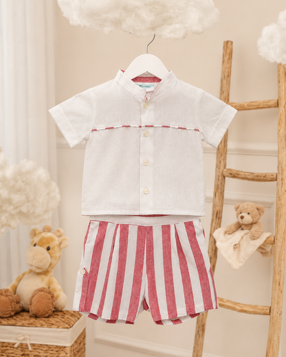 Conjunto Lino Bermuda Rayas Rojas