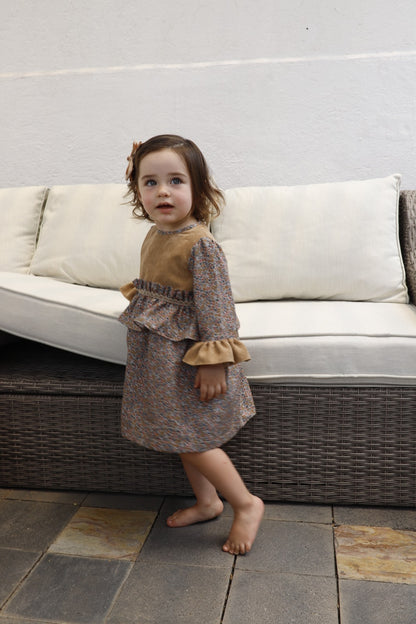 Vestido Flores Con Pana Beige