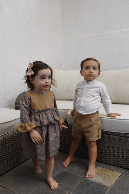 Vestido Flores Con Pana Beige